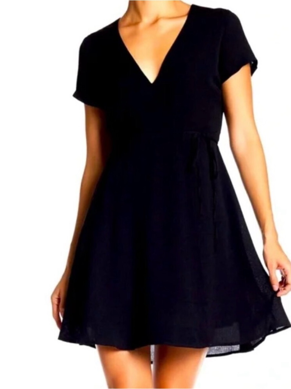 Lush Black Wrap Dress Midi Size Large V-Neck Flow Knee Length LBD Like New